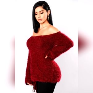 Burgundy Fashion Nova Elodie Fuzzy Off The Shoulder Sweater XL BNWT